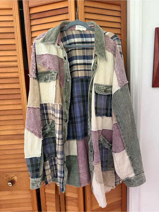 Oli & Hali Jackets & Blazers - Oli & Hali Patchwork Corduroy and Plaid Shacket in Green, Cream, Mauve, Blue